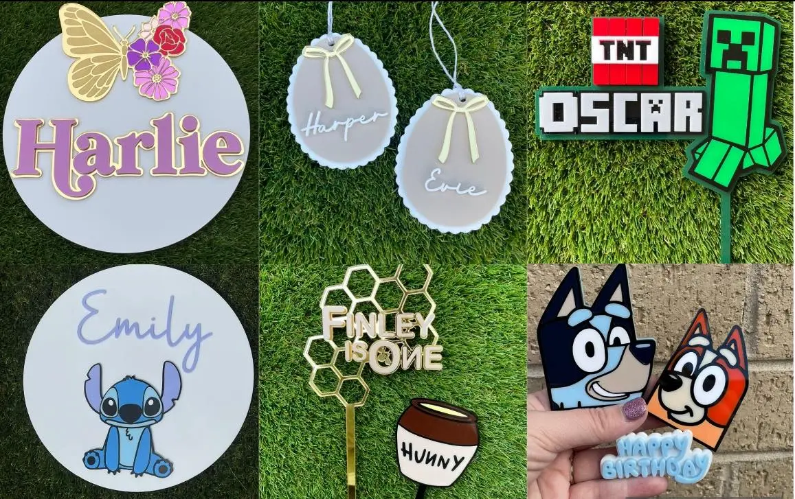 Examples of custom laser-engraved and UV-printed creations